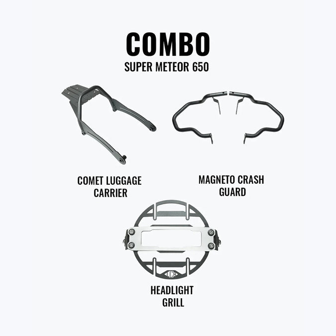 LEGUNDARY SUPER METEOR 650 COMBO COSMIC HEADLIGHT GRILL, MAGNETO CRASH GUARD & COMET LUGGAGE CARRIER