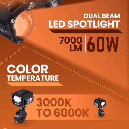 LGP- MK07 DUAL BEAM LED SPOTLIGHT FOR BIKE PAIR, 60W 7000LM, YELLOW LOW BEAM & WHITE HIGH BEAM, IP67 W