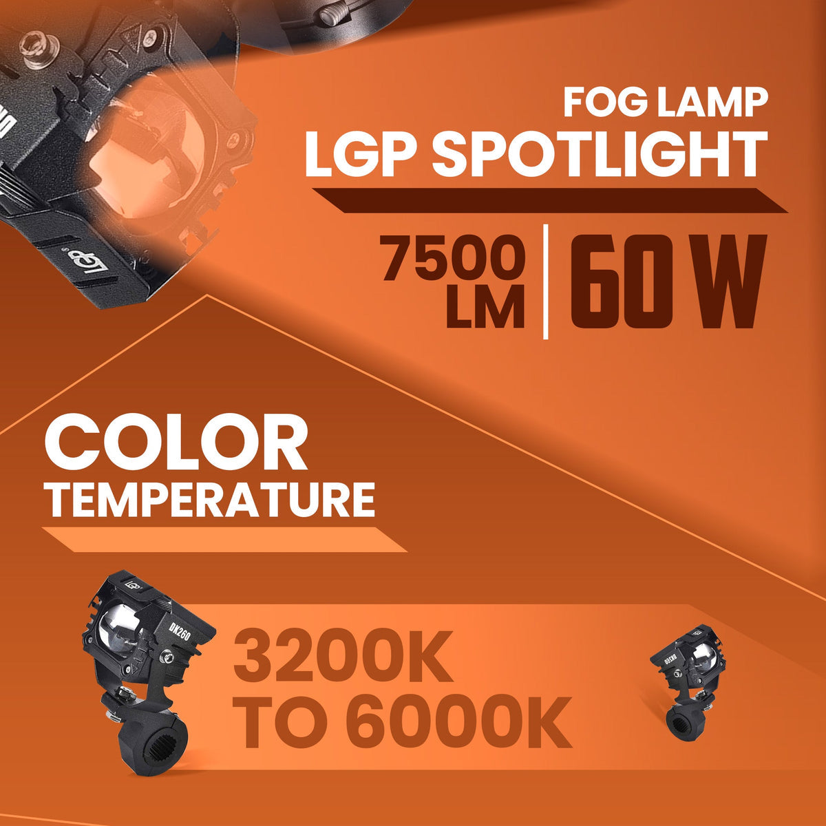 LGP DK260 LED FOG LAMP FOR BIKE (PAIR)  WIRING HARNESS & WIRED SWITCH INCLUDED  HIGH POWER, UNIVERSAL MOTO