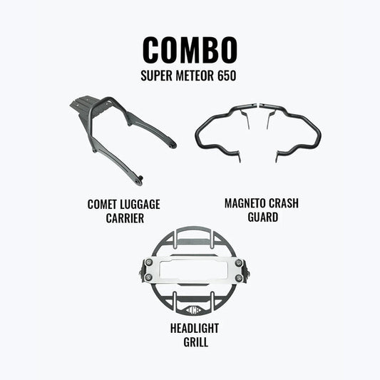 LEGUNDARY SUPER METEOR 650 COMBO COSMIC HEADLIGHT GRILL, MAGNETO CRASH GUARD & COMET LUGGAGE CARRIER