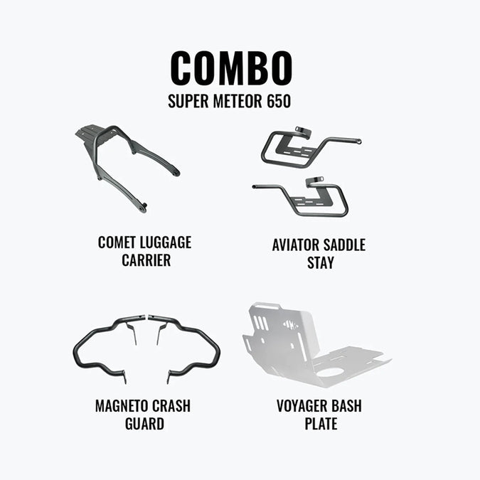 LEGUNDARY SUPER METEOR 650 MEGA COMBO MAGNETO CRASH GUARD, AVIATOR SADDLE STAY, VOYAGER BASH PLATE & COMET LUGGAGE CARRIER