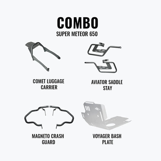 LEGUNDARY SUPER METEOR 650 MEGA COMBO MAGNETO CRASH GUARD, AVIATOR SADDLE STAY, VOYAGER BASH PLATE & COMET LUGGAGE CARRIER