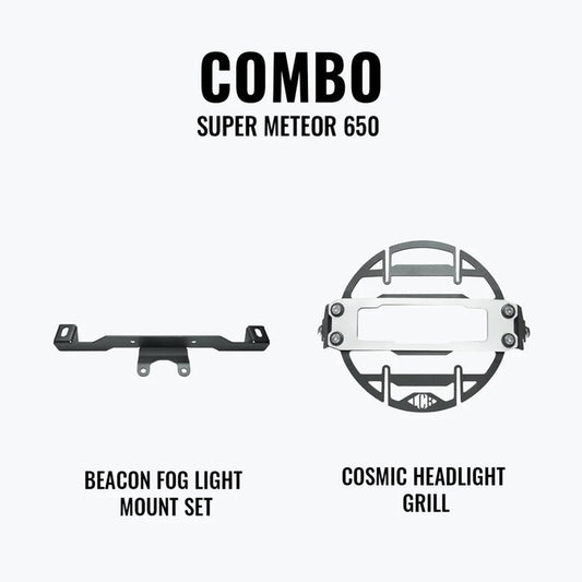 LEGUNDARY SUPER METEOR 650 COMBO BEACON FOG LIGHT MOUNT SET & COSMIC HEADLIGHT GRILL