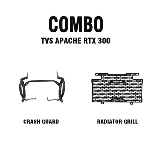LEGUNDARY TVS APACHE RTX 300 RAPTOR CRASH GUARD UPPER & LOWER SET BLK + VECTOR RADIATOR GRILL BLK