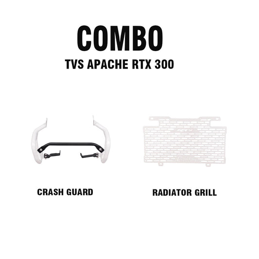 LEGUNDARY TVS APACHE RTX 300 RAPTOR CRASH GUARD UPPER & LOWER SET WHT + VECTOR RADIATOR GRILL SLV