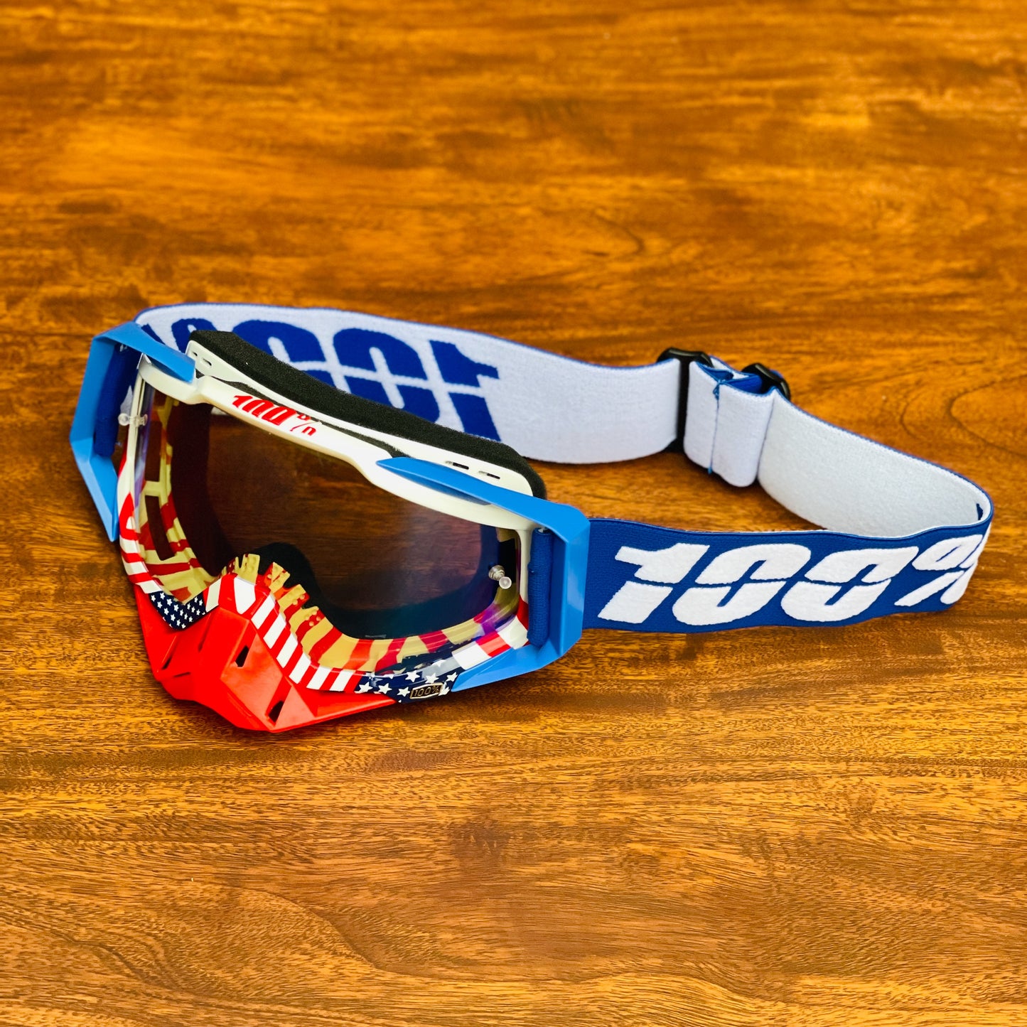 100% RACECRAFT BLUE WHITE RED STRIPES (SILVER LENS) | MX GOGGLES