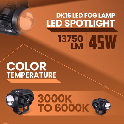 LGP- DK16 LED FOG LAMP FOR BIKE PAIR, WIRELESS HARNESS SWITCH & MOUNTING CLAMPS INCLUDED, 45W, IP67, 12V-30V