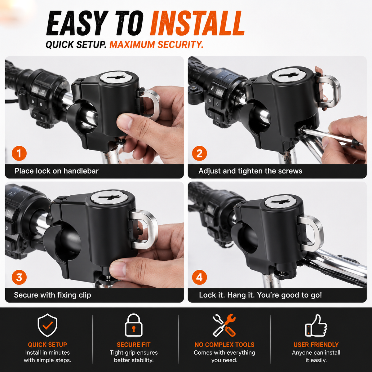 LGP MOTORCYCLE HELMET LOCK，BIKE HANDLEBAR TUBING HELMET LOCK ANTI-THEFT PADLOCK FOR ALL MOTORBIKE