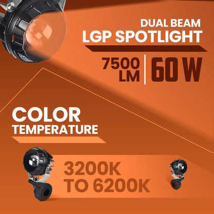 LGP DK330 DUAL BEAM LED SPOTLIGHT FOR BIKE (PAIR)  60W 7500LM YELLOW & WHITE  WATERPROOF, UNIVERSAL MOTORCYC