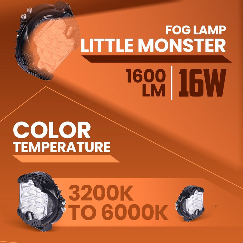 LGP- LITTLE MONSTER LED FOG LAMP FOR BIKE, COMPACT AUXILIARY SPOTLIGHT, IP68 WATERPROOF, 16W, 1600 LUMENS, 1