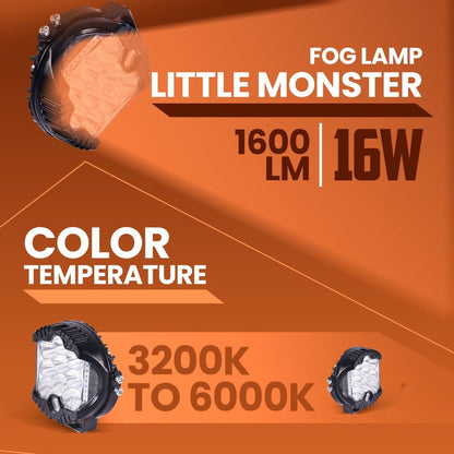LGP- LITTLE MONSTER LED FOG LAMP FOR BIKE, COMPACT AUXILIARY SPOTLIGHT, IP68 WATERPROOF, 16W, 1600 LUMENS, 1