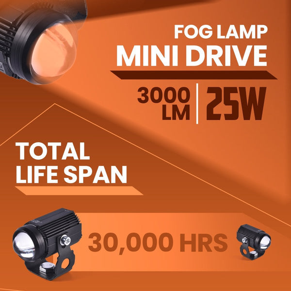 LGP- MINI DRIVE LED FOG LAMP FOR BIKE PAIR, COMPACT DRIVING SPOTLIGHT, WATERPROOF, 3000 LUMENS, 25W EACH, 9-80V