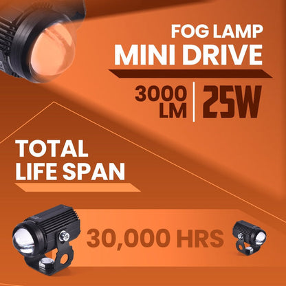 LGP- MINI DRIVE LED FOG LAMP FOR BIKE PAIR, COMPACT DRIVING SPOTLIGHT, WATERPROOF, 3000 LUMENS, 25W EACH, 9-80V