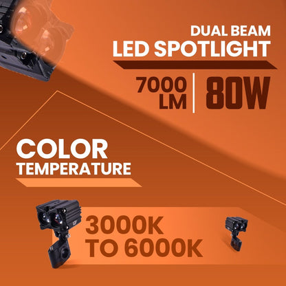 LGP- MK05 DUAL BEAM LED SPOTLIGHT FOR BIKE PAIR, 80W 7000LM, YELLOW LOW BEAM & WHITE HIGH BEAM, IP67 W