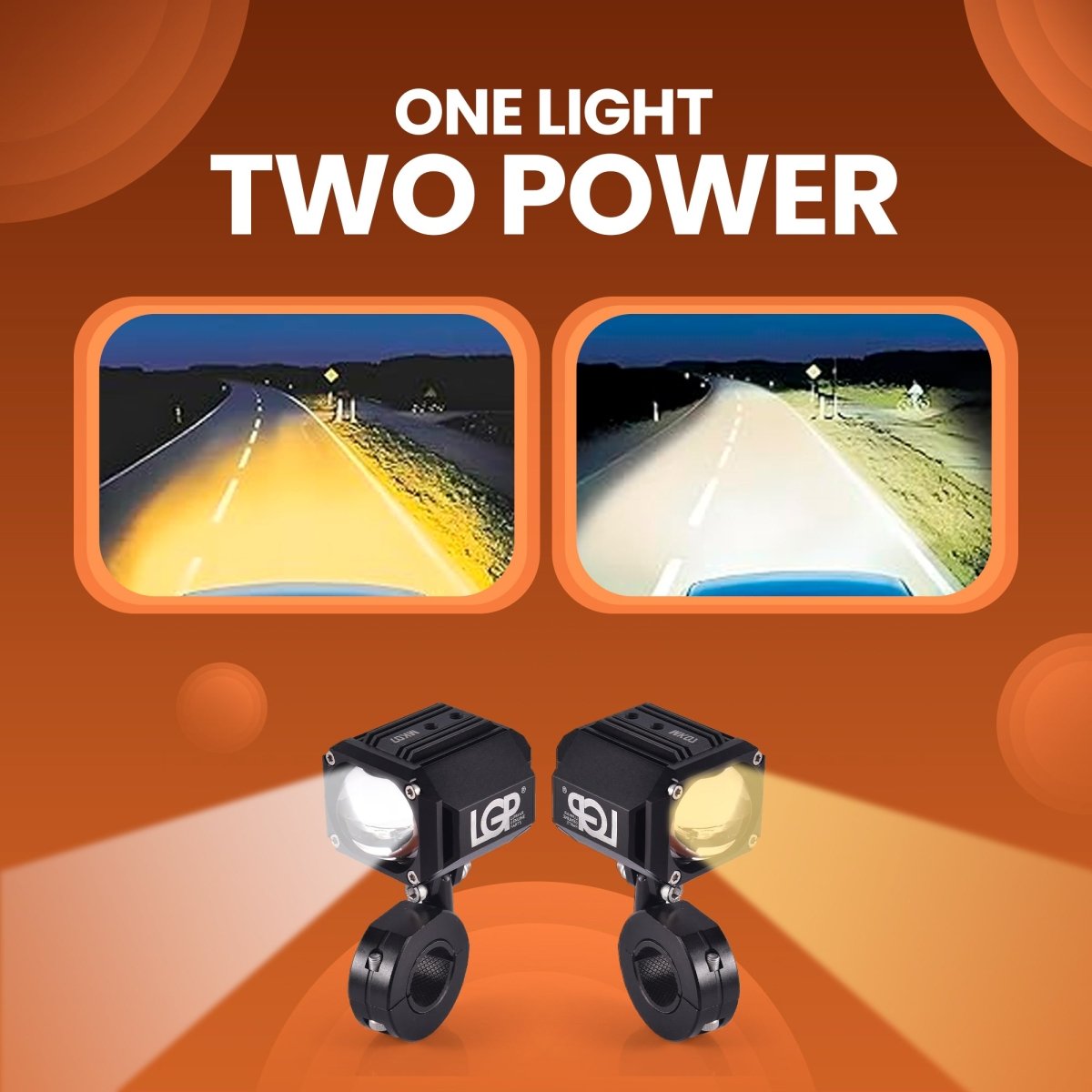 LGP- MK07 DUAL BEAM LED SPOTLIGHT FOR BIKE PAIR, 60W 7000LM, YELLOW LOW BEAM & WHITE HIGH BEAM, IP67 W