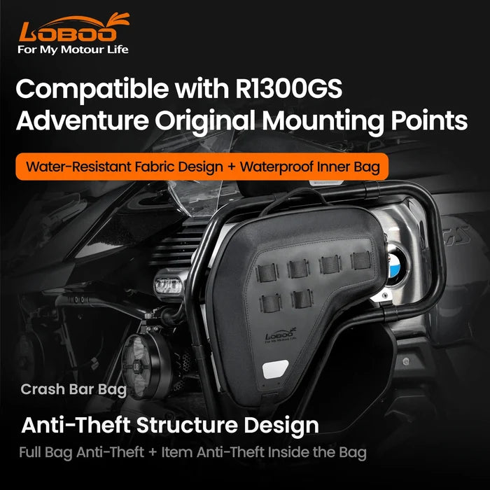LOBOO CRASH BAR BAGS BHGB13BK (5L PAIR) FOR BMW R1300GS ADVENTURE (2024+) - ANTI-THEFT EVA HARD SHELL STORAGE